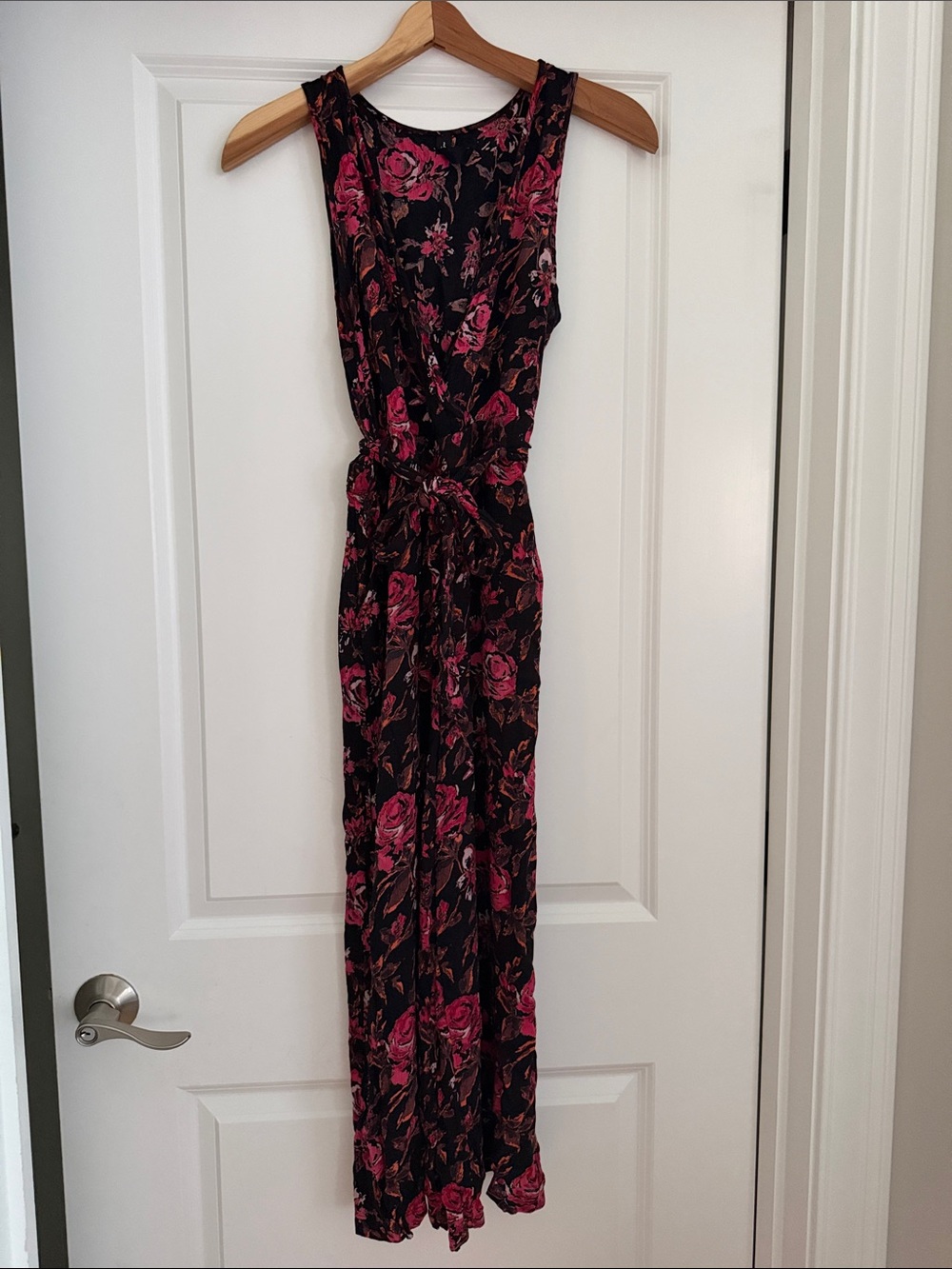 Out from under Black Floral Jumpsuit  with Pink Roses